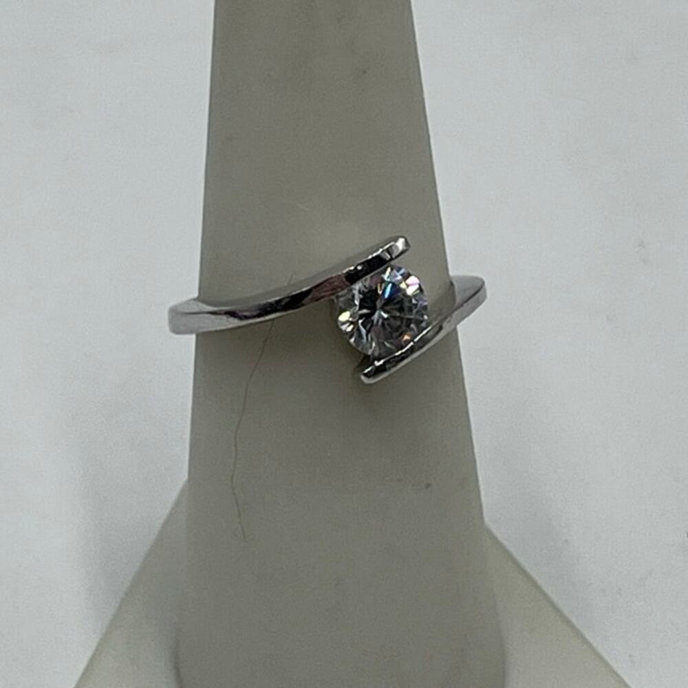 Sterling Silver 925 Rhodium Round‎ Bezel CZ Solitaire Ring Sz 7.5